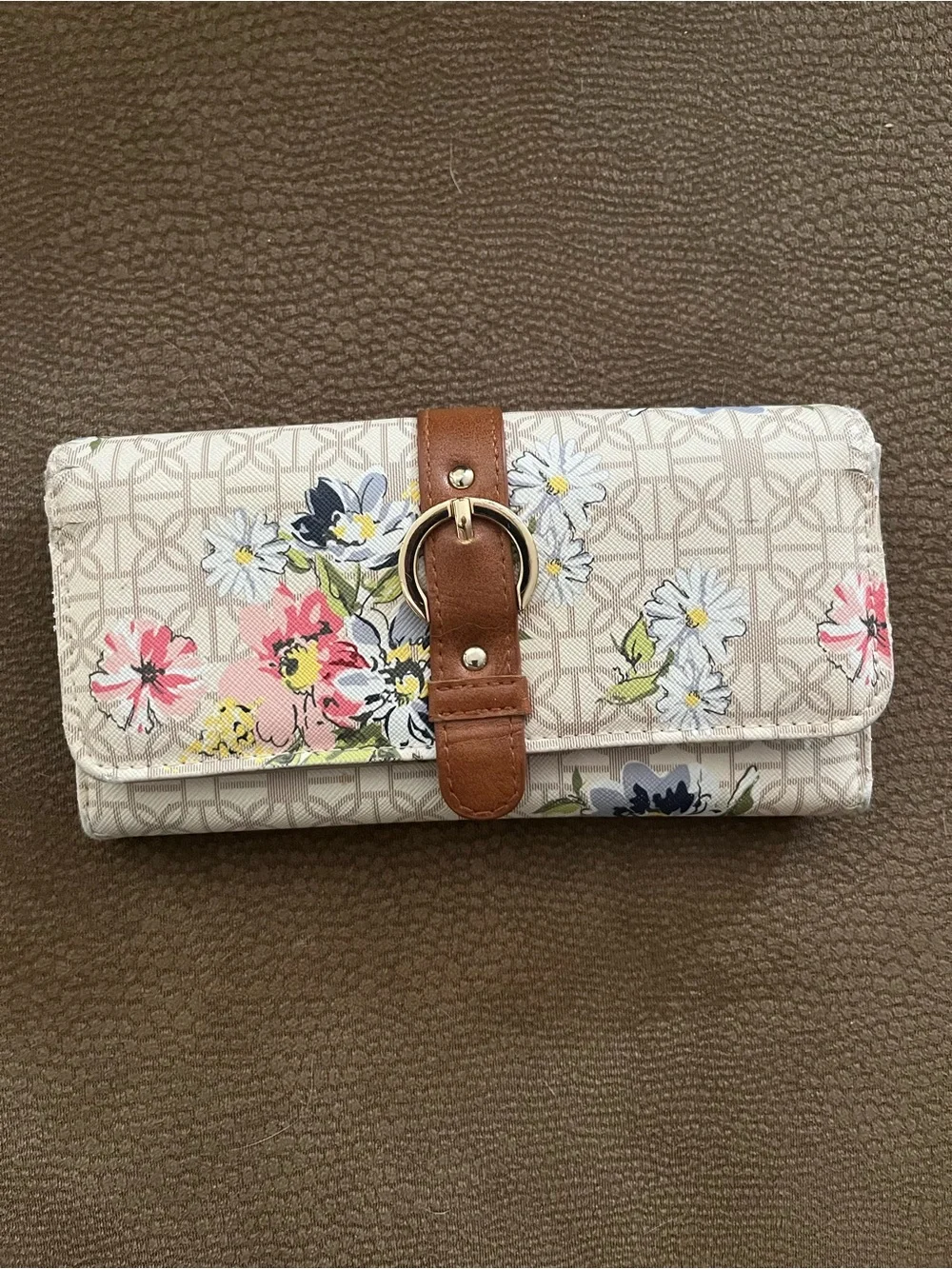 Floral Printed Wallet Clutch with Brown Strap